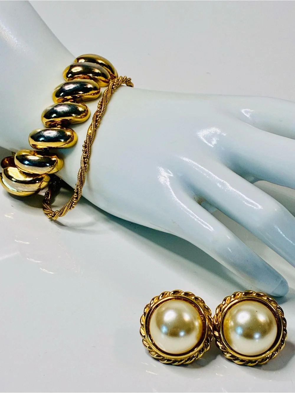 Napier Gold-Tone Pearl Button Clip Screw Back Earrings and 2 Bracelets Lot of 3